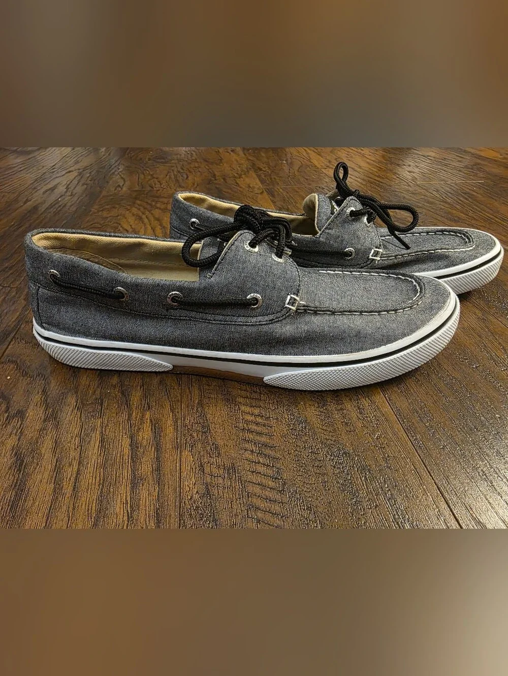 Sperry Gray Canvas Boat Shoes with Black Laces